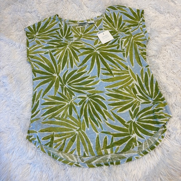 SIGRID OLSEN 100% Linen Short Sleeve Back Button Palm Print Top NWT flawed large - Picture 3 of 11